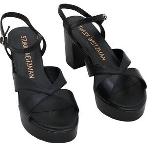 Stuart Weitzman Carmen Midi Black Leather Wedge Sandals Slingback Women EU 38